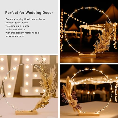 Miniatura 5 de Paquete de 12 aros florales con soporte y luces LED de 14 pulgadas, anillos de metal para centros de mesa, decoración de mesa, manualidades, anillos