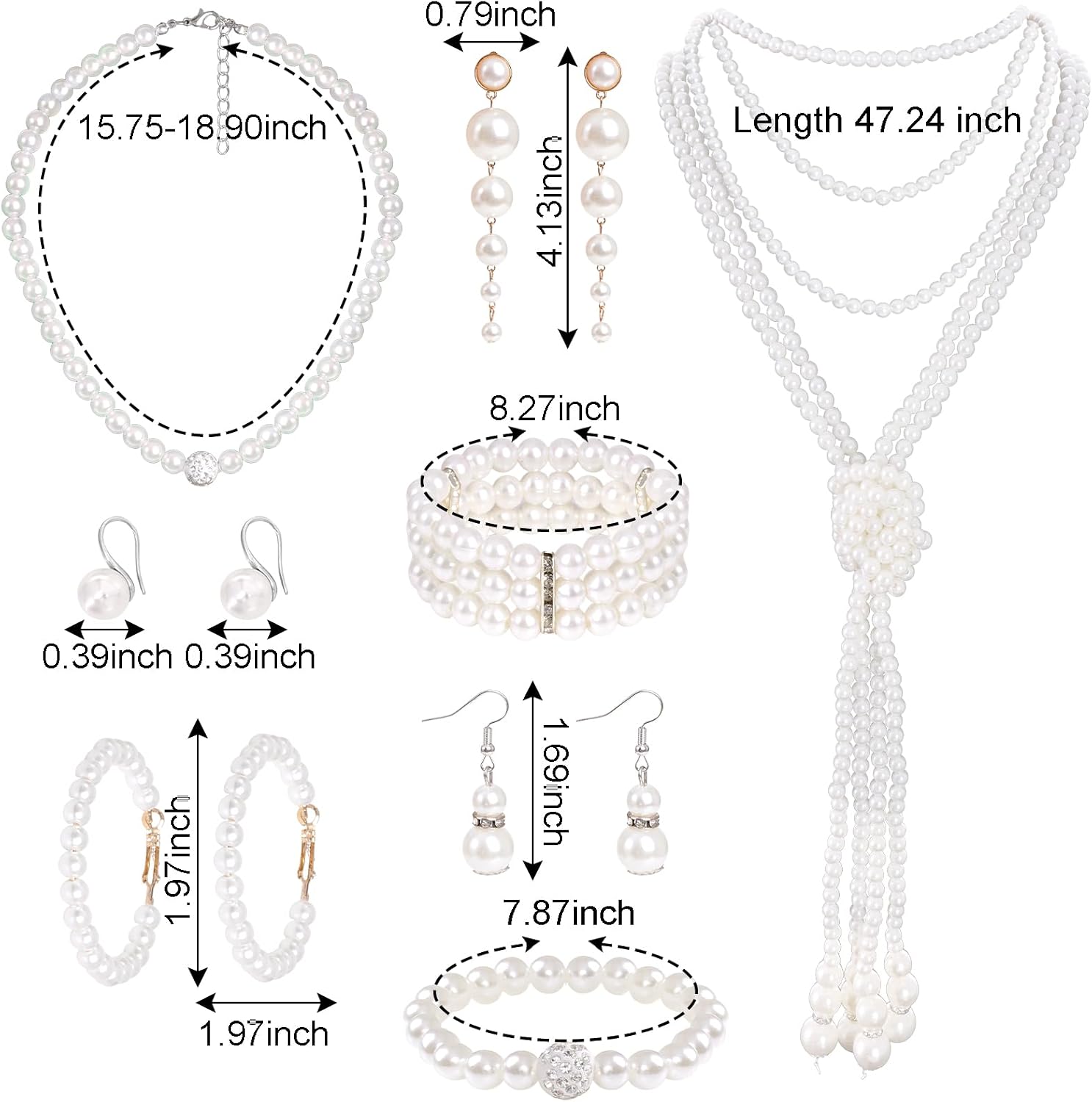 8-Piece Faux Pearl Jewelry Set for Women - Pearl Necklace, Earrings & Bracelets - Wedding, Birthday, Bridal Shower & Tea Party Accessories - 1920s Style Elegant Decor