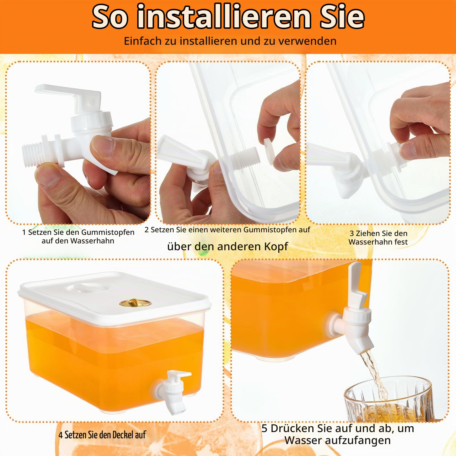 4 Stück 5L Getränkespender mit Zapfhahn,Kunststoff Wasserspender für Limonade, Saft, Wasser, Kalte Getränke, Trinksäule Drink Dispenser mit Wasserhahn für Partys