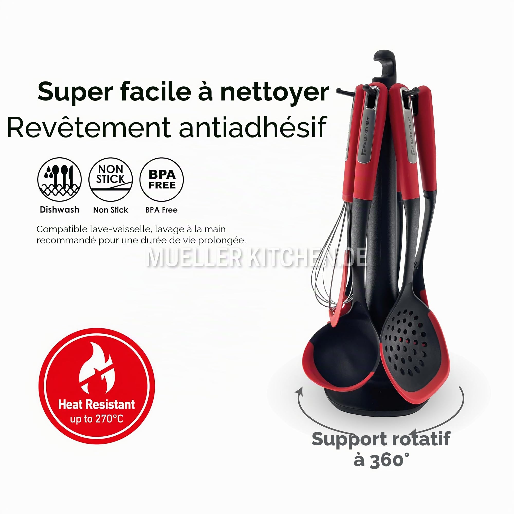 Muller Kitchen MK-1611 Kitchen Utensil Set (7-Piece with Silicone Edges, 360° Rotating Stand, Ergonomic Rubber and Stainless Steel Handles, for Nonstick Cookware)