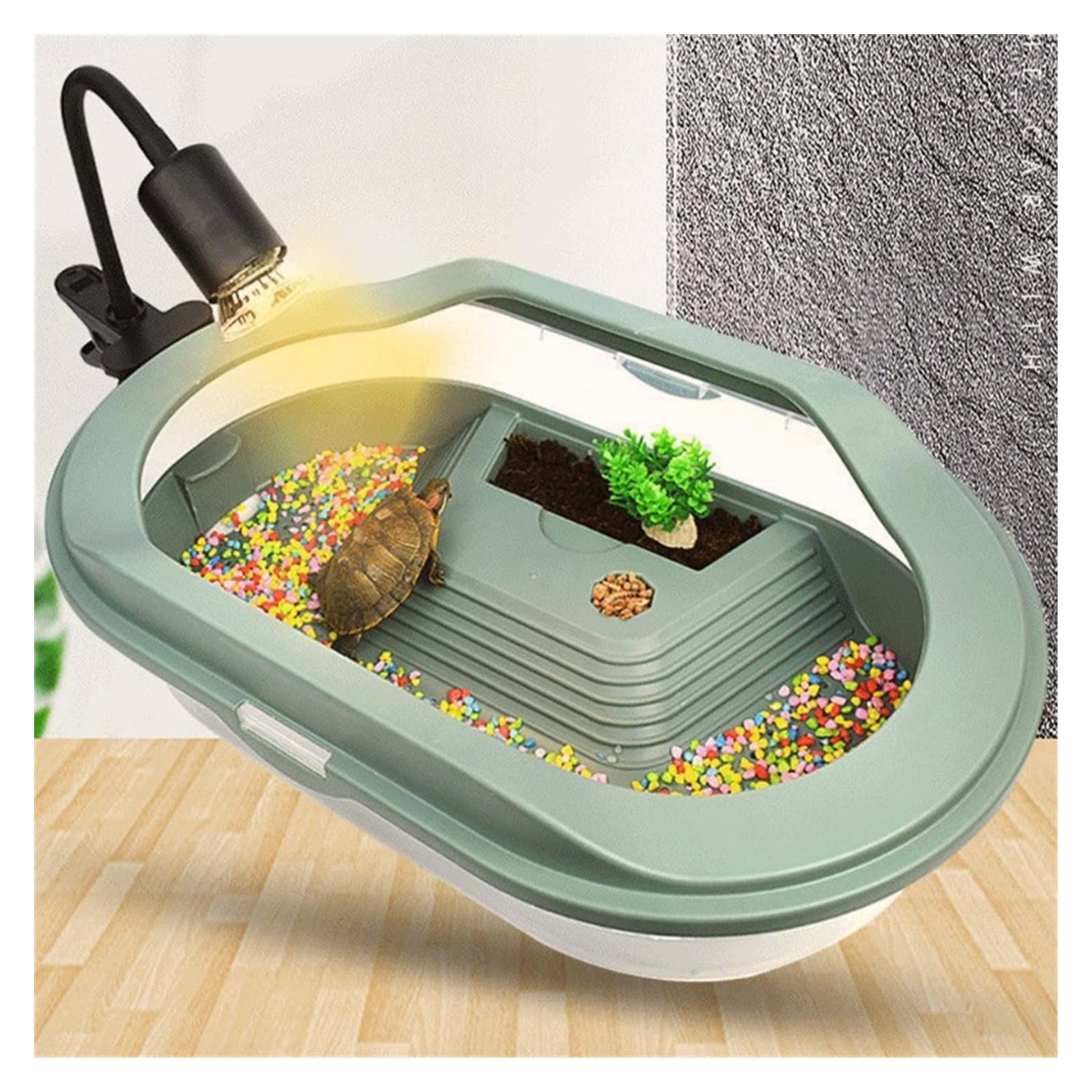 Schildkrötenpanzer Futterbox Kunststoff-Lebensraumhaus mit Schattenhang Schwimmbad Reptilien-Kunststoff-Wassertank Abnehmbares 2-Lagen-Design für drinnen und draußen