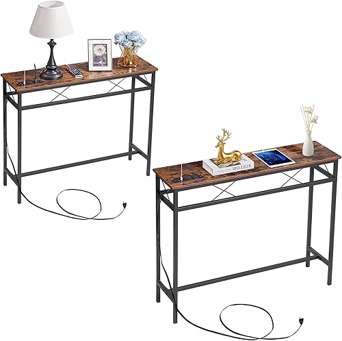 Miniatura 1 de VECELO Mesa consola angosta extra larga de 55 pulgadas con estación de carga y toma de corriente y puertos USB, para entrada, sala de estar,