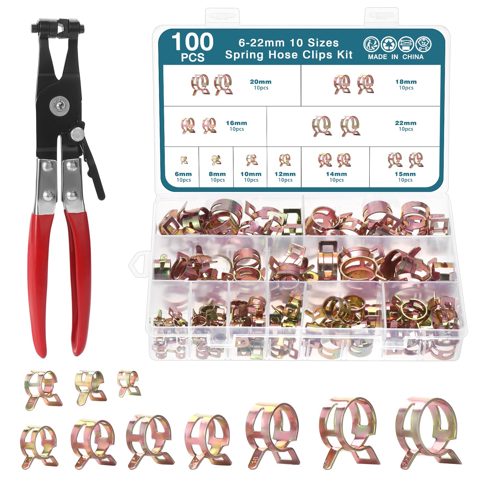Set 100 Clip A Molla Per Tubo – Assortite 6-22 Mm – Fissaggio Carburante, Acqua, Aria
