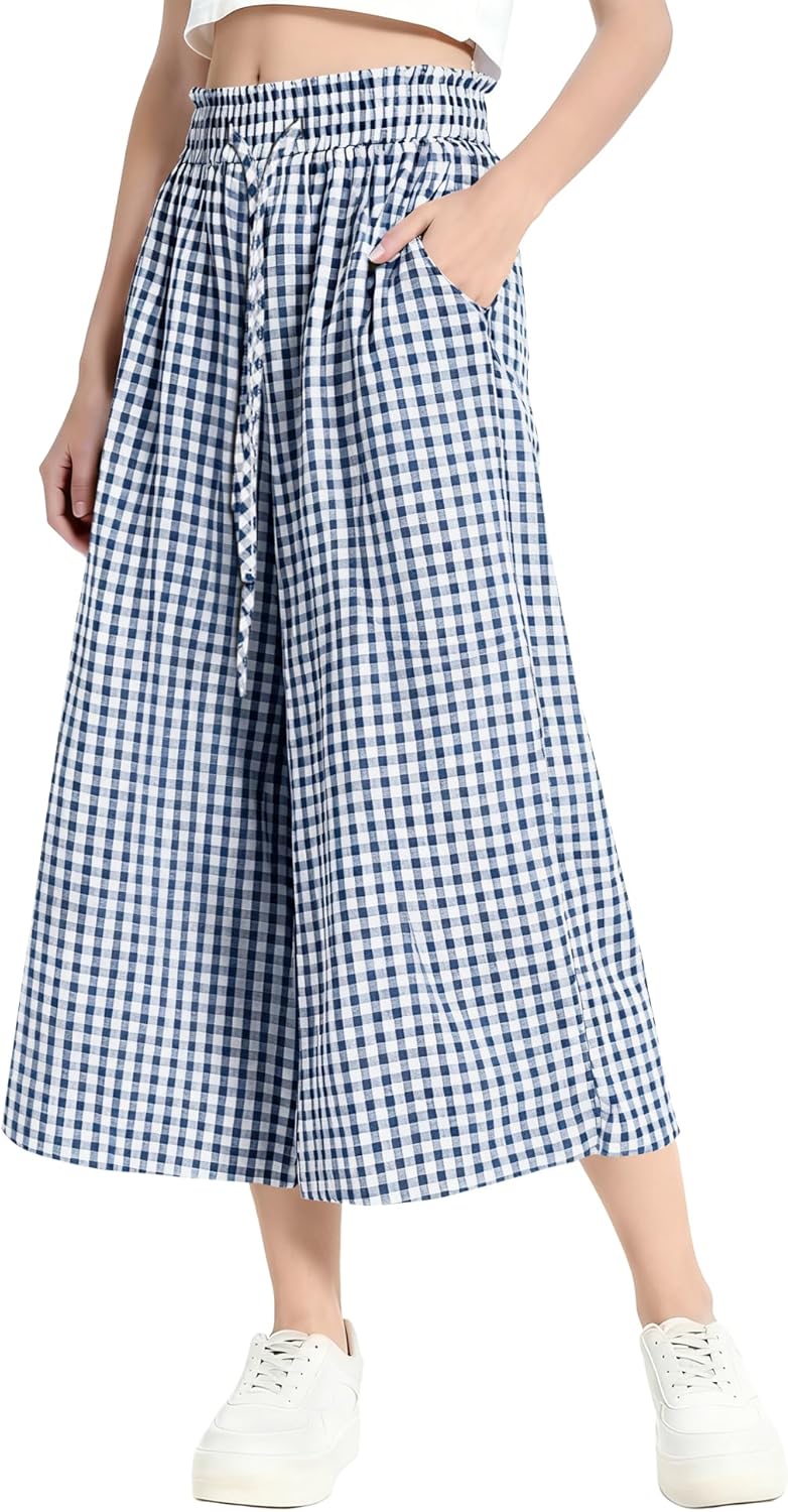Rapbin Wide Leg Capri Pants for Women Gingham Striped Culottes Flowy Elastic Waist Cropped Palazzo Pants with Pockets - Image 2