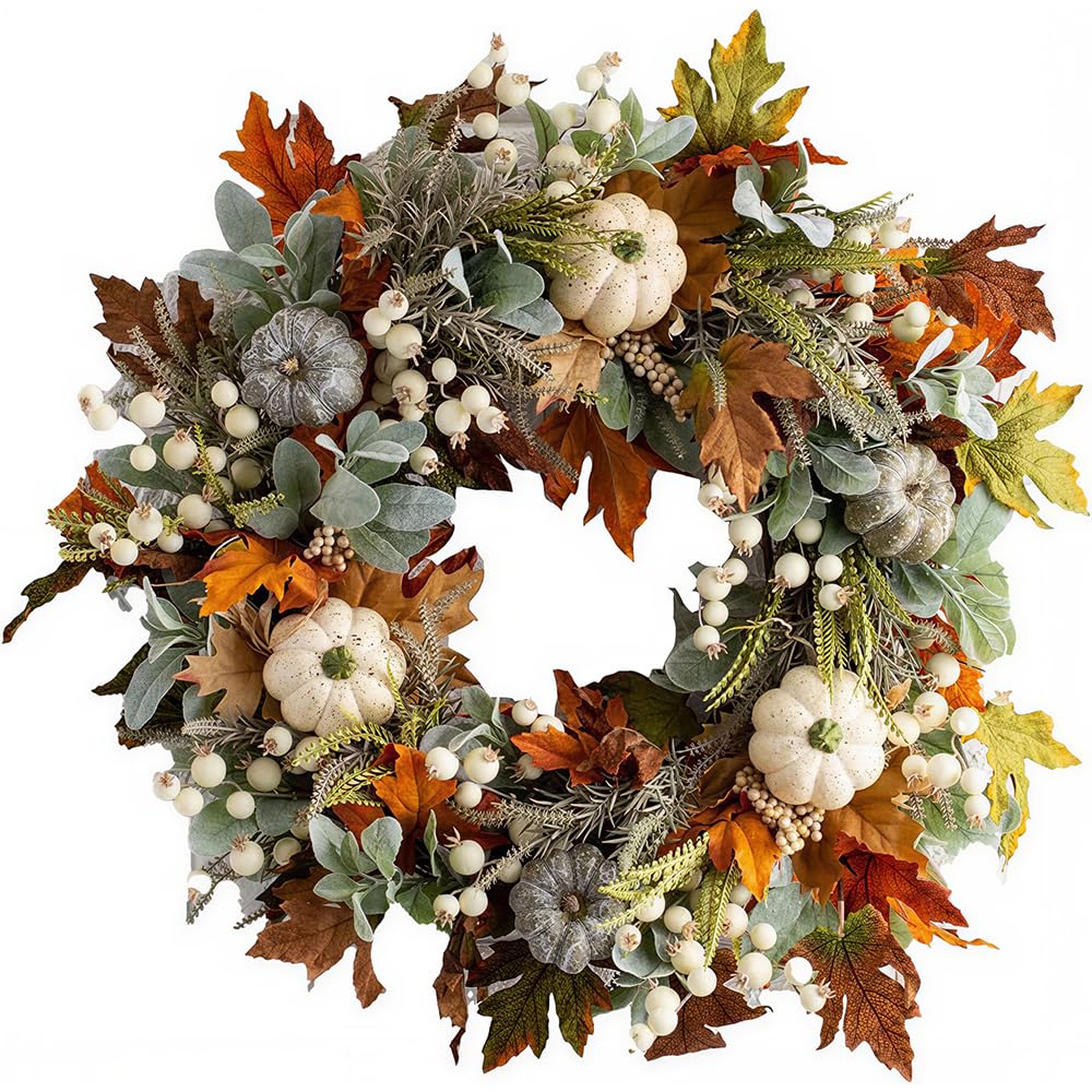 Fall Wreath for Front Door, 40cm Autumn Wreath with Pumpkins, Berries