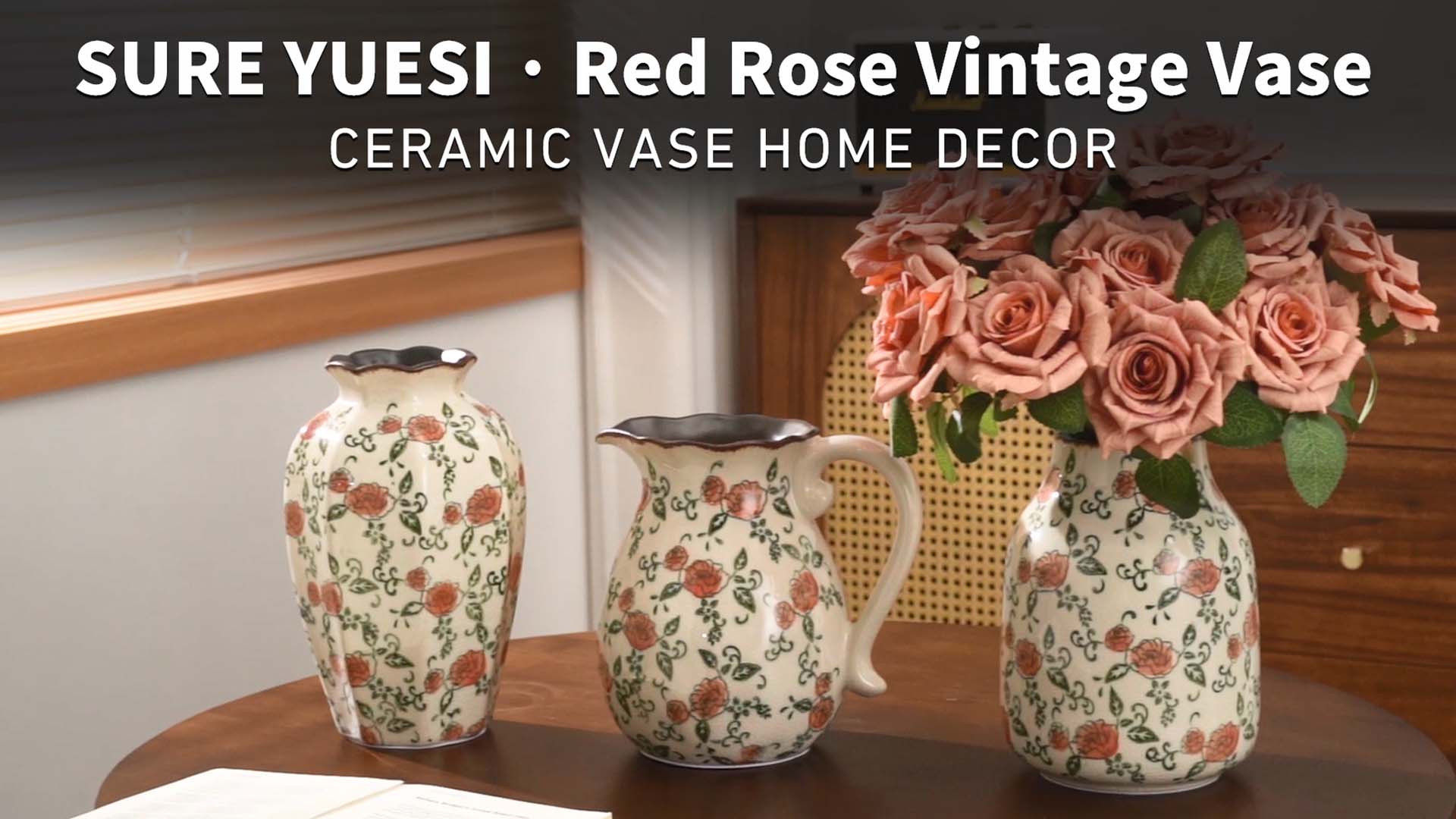 Amazon.com: Green and Beige Vintage Round Vase, Red Rose