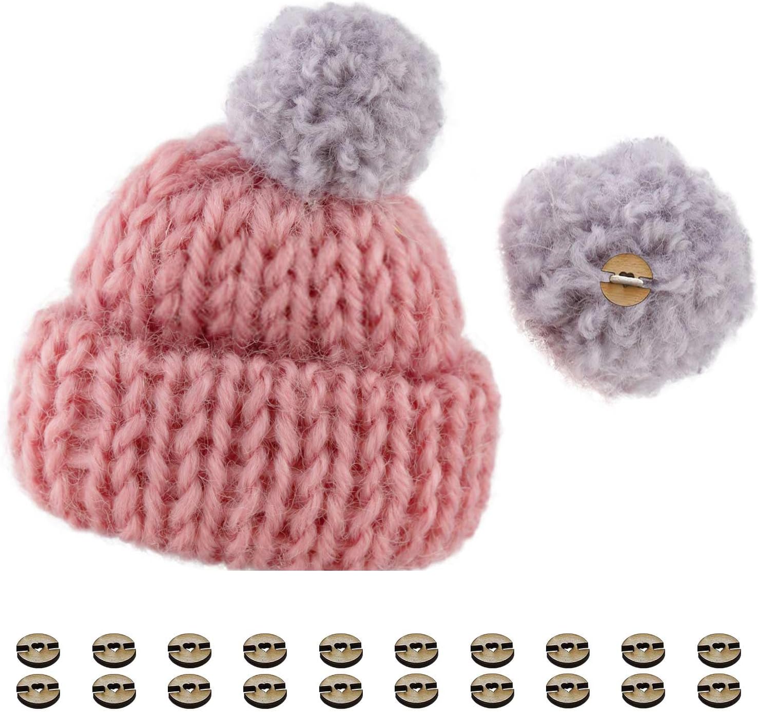 20PCS Wood Pom Poms for Hats Buttons Removable Faux Fur Pom