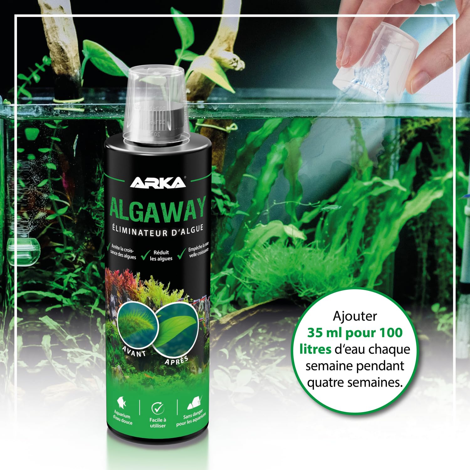 Éliminateur d’algues Aquarium 473 ML – ARKA Algaway – élimine algues filamenteuses, Vertes & encroutantes – sans cuivre & Compatible Plantes – Eau cristalline & équilibre pour Aquariums d’Eau Douce