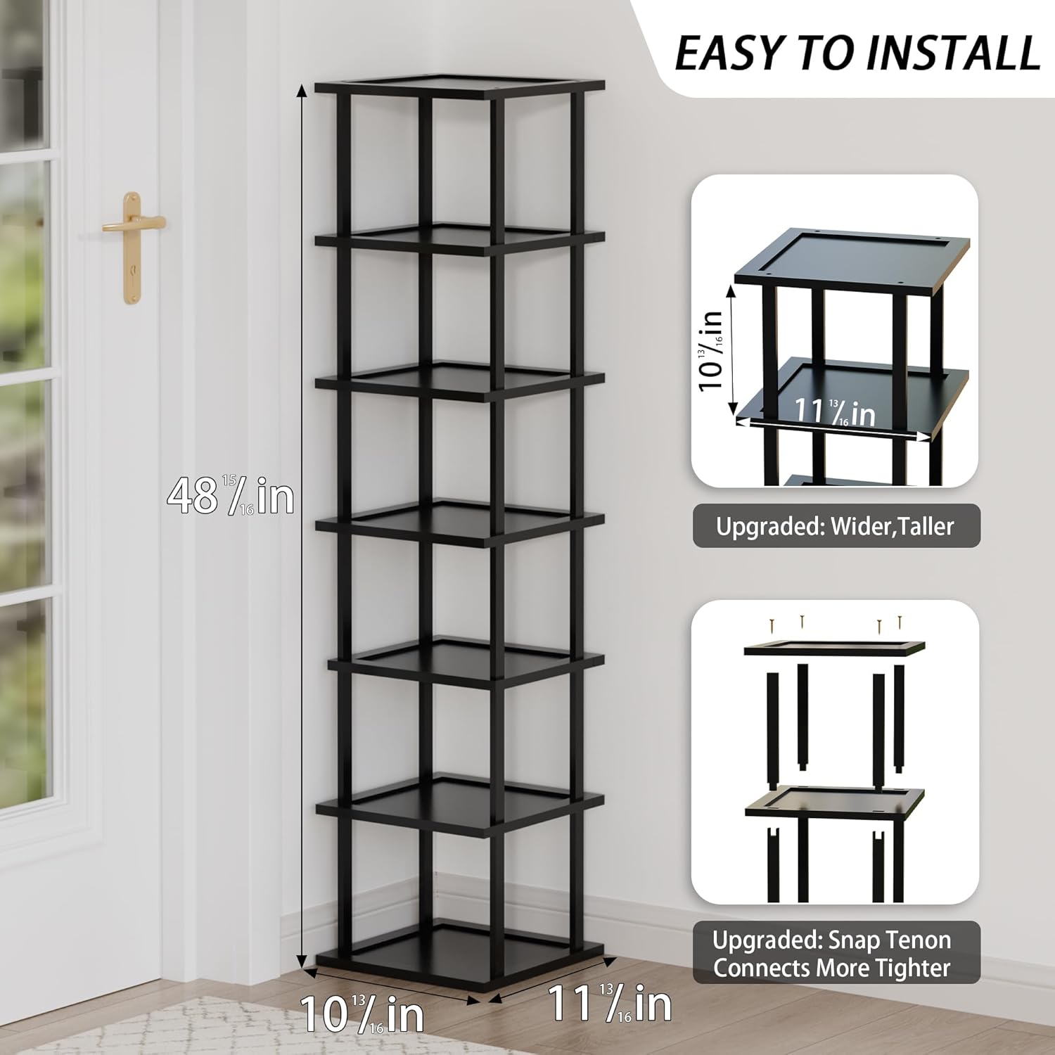 Vertical Tall Shoe Rack Organizer for Entryway -7 Tier Free Standing Slim Narrow Bamboo Wood Corner Stackable Shoe Boots Storage Stand Small Spaces for Closet Garage Cloakroom Living Room (Black)