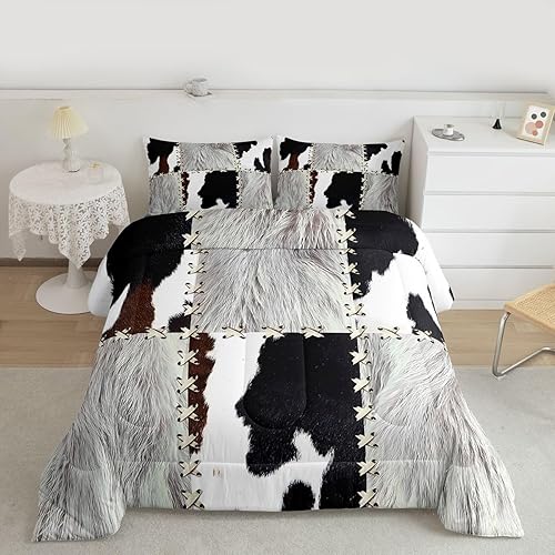 jejeloiu Kids Cow Fur Printed Comforter Set Cowhide Pattern Bedding Set Farmhouse Comforter Western Farm Animal Skin Plaid White Duvet Set Bedroom 3Pcs with 2 Pillow Case Queen Size