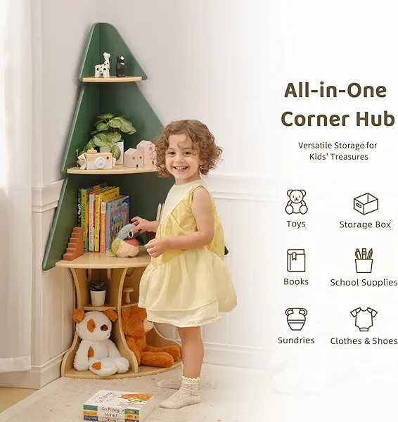 OOOK Kids Book Shelf Tree Bookshelf for Kids, Corner Bookshelf with Storage, Montessori Book Shelf for Classroom, Playroom, Bedroom, Nursery