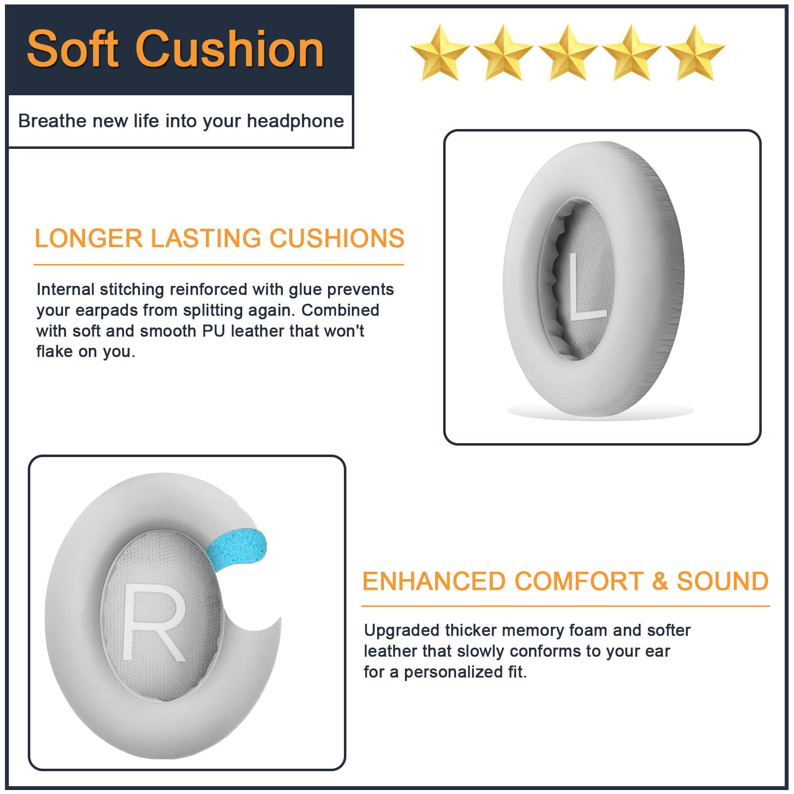 Ersatz-Ohrpolster Für Bose 700 Noise Cancelling Kopfhörer | Memory Foam Mit Protein-Leder | Grau, Selbstklebend
