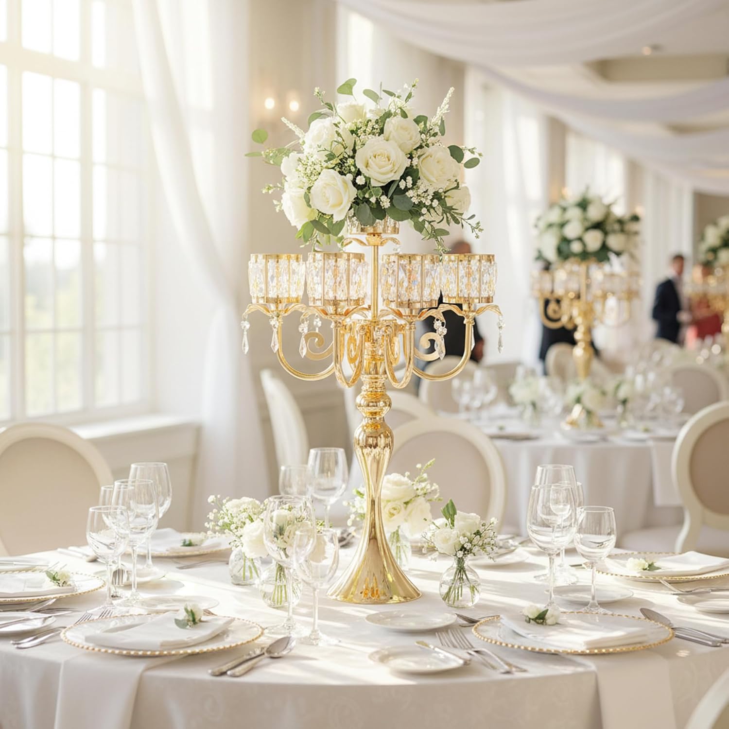 Gold Candelabra Table Centerpieces: 5 Arm Crystal Pendant Candle Holders