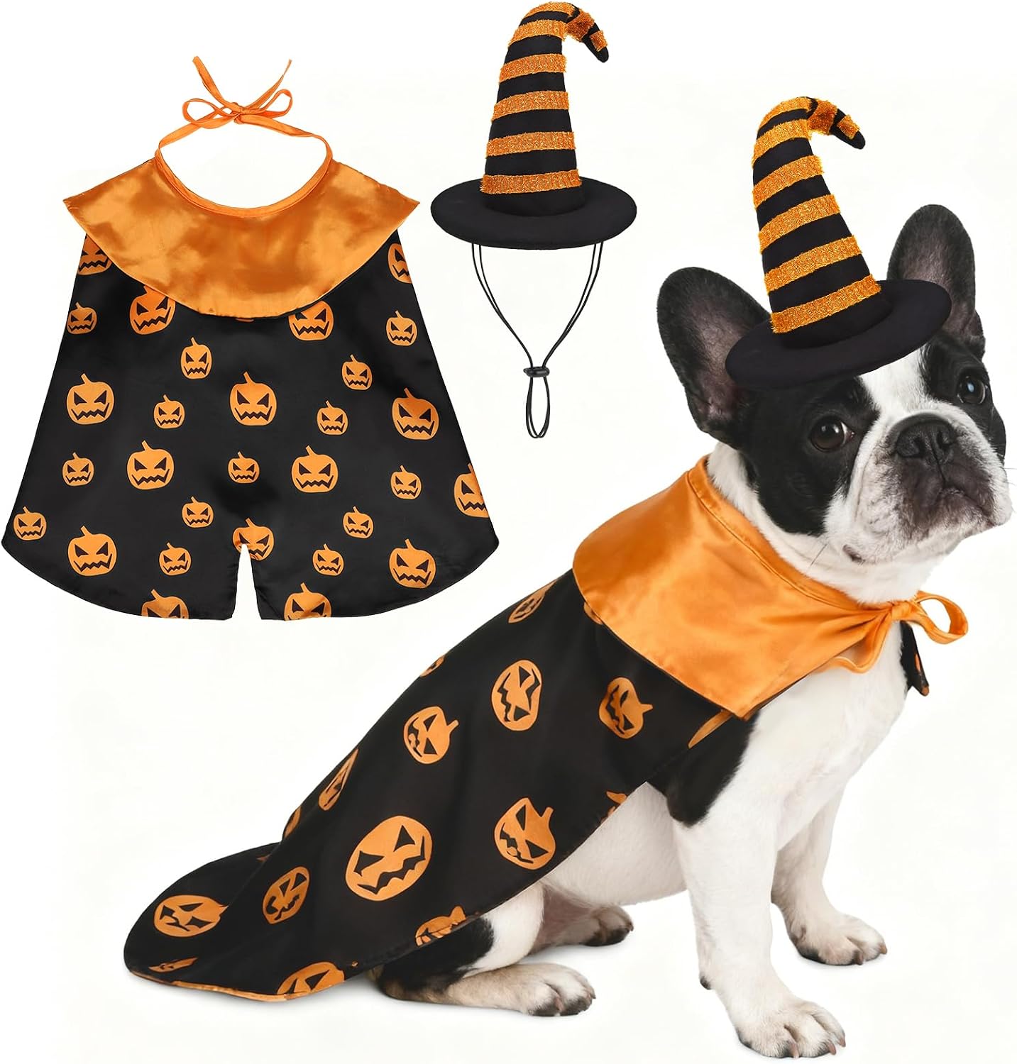 Dog Halloween Costume, Pumpkin Cape & Hat - 2 Piece Thanksgiving Set for Small Medium Large Dogs Cats Puppy, Funny Dog Witch Clothes Cosplay Dress Outfit Mantle Apparel for Holiday Party, L
