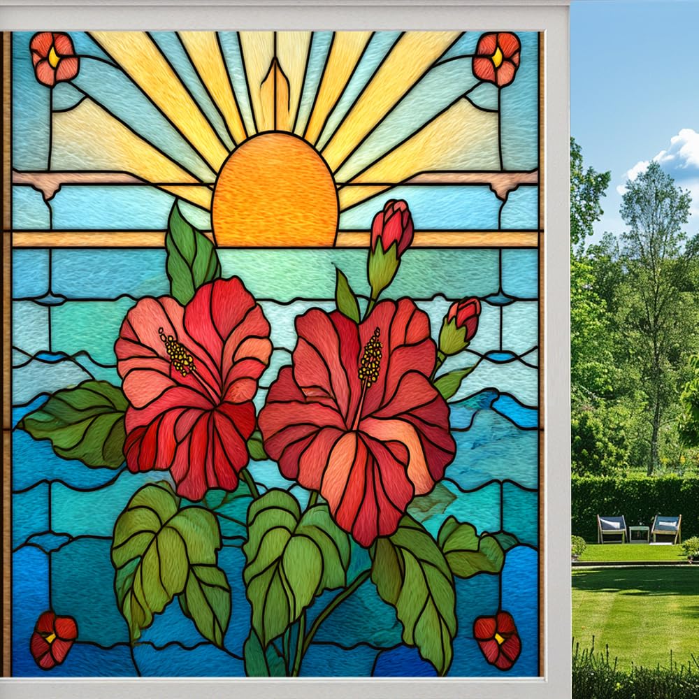 Nature Hibiscus Frosted Window Film, Sunset Tropical Floral Bouquet Stained Glass Privacy Film, Heat Insulation Self-Adhesive Vinyl for Bathroom Office, （55x100cm）
