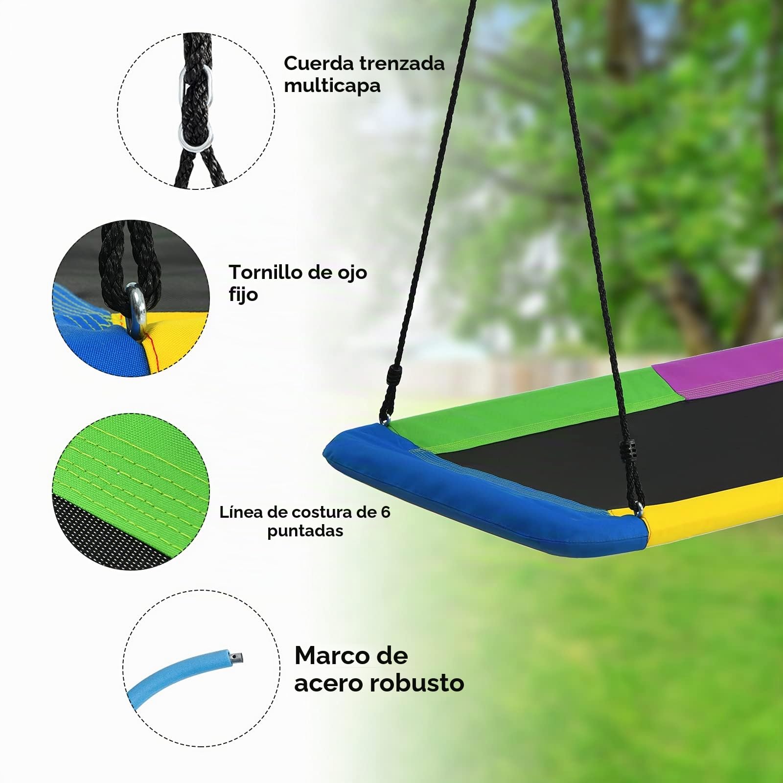 GOPLUS Columpio Rectangular Suspendido al Aire Libre, Nido de Pájaro de Cuerdas Ajustables 100-180CM, Asiento Suspendido al Aire Libre para Niños, hasta 315 KG,150 x 80CM (Multicolor)