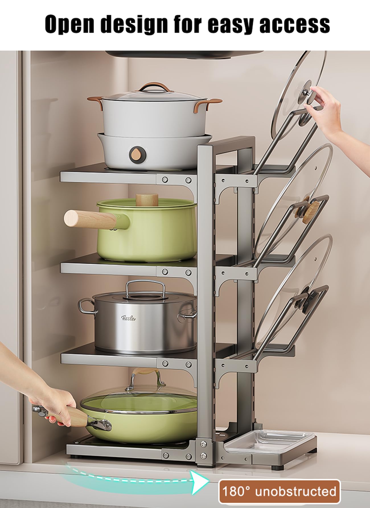 Organizador De Ollas Y Sartenes, Rejilla para Sartenes De Alta Resistencia con 3 Soporte Tapa Olla, para Ordenar Cazuelas Platos Tapas Y Menaje De Cocina,Gris