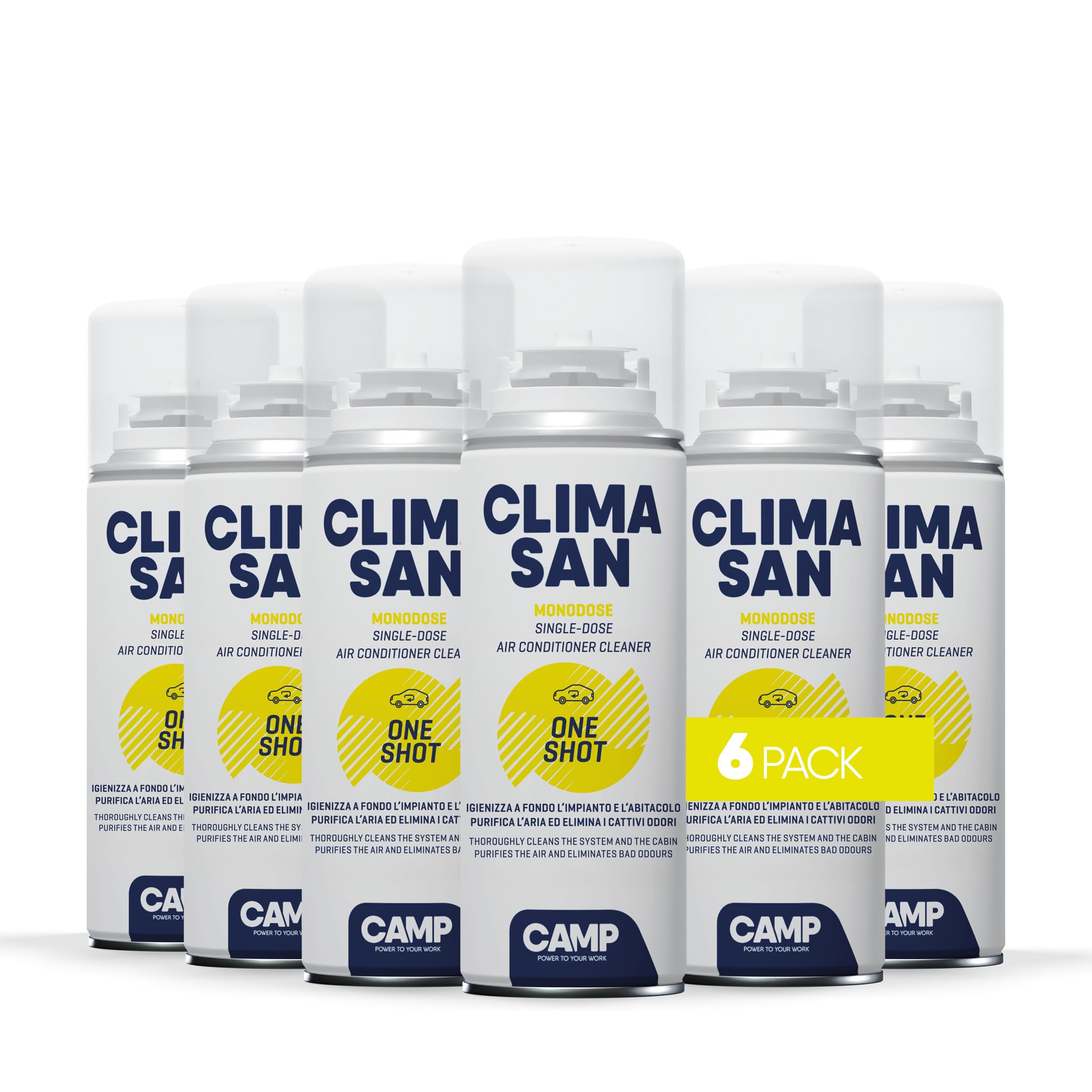 CAMP Climasan One Shot Spray - Igienizzante Climatizzatore e Abitacolo Auto Monodose, Spray Pulizia Condizionatore ad Azione Purificante - Ideale per Rimuovere Germi e Batteri - Made in Italy, 6x200ml