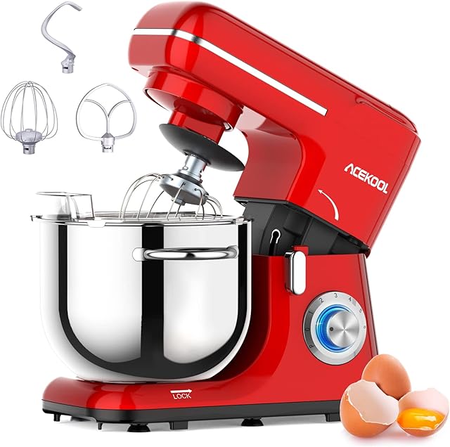 Acekool Stand Mixer, 1400W Tilt-Head Food Mixer 6L 6-Speed Kitchen Mixer with Dough Hook, Mixing Beater and Whisk Valentines Day Gifts (Red)