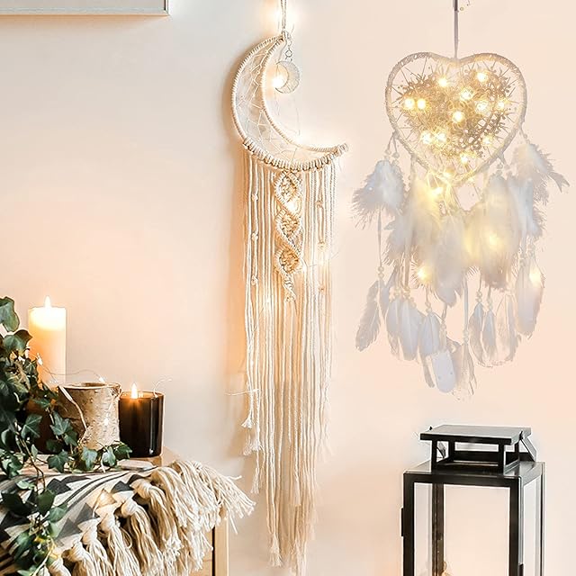 VEGCOO Moon Dream Catcher, Wall Hanging Woven Cotton Half Circle Moon Dreamcatcher Bohemian for Bedroom Living Room Home Decoration&Wedding Party (Moon&Heart)