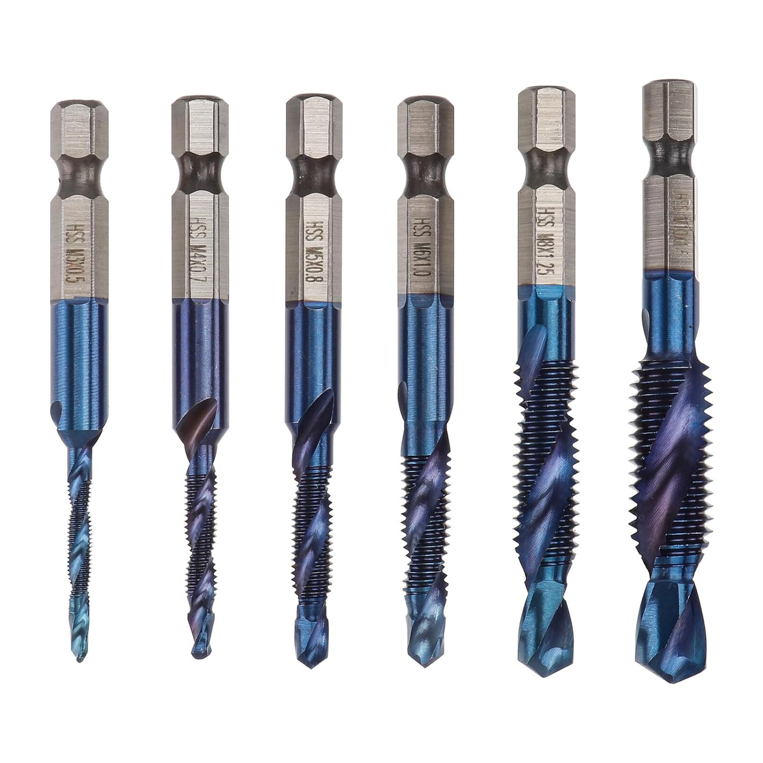 6pcs M35 Spiral Tap and Drill Bit Set with Nami Blue Coating, Hex Shank Metric Thread Tapping Tools (m3-m10) for Metalworking and Industrial Use