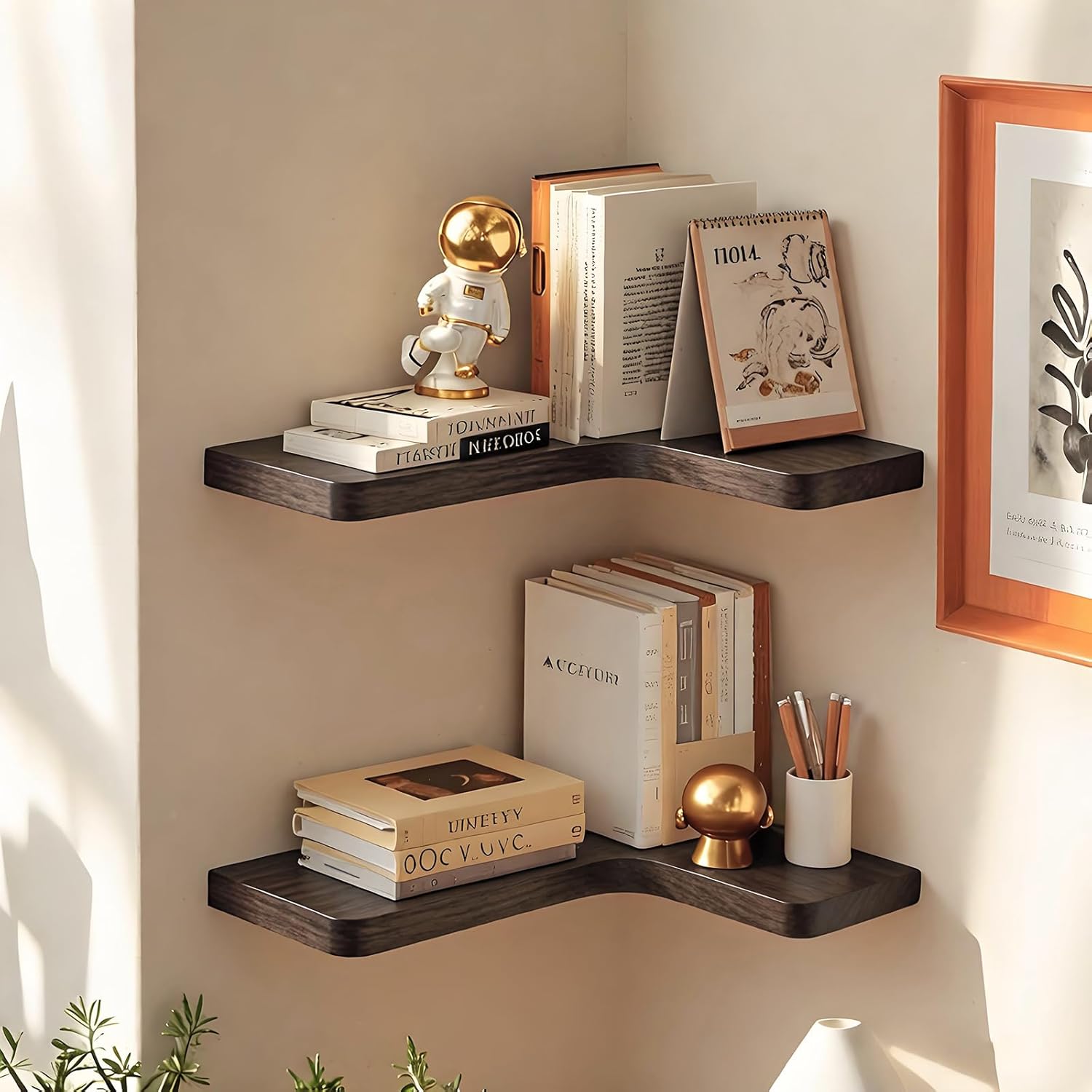 Floating Corner Shelves Set of 3, Solid Wood Picture Wall Shelf, Floating Shelves for Storage for Bedroom Kitchen Bathroom Living Room (Burnt)