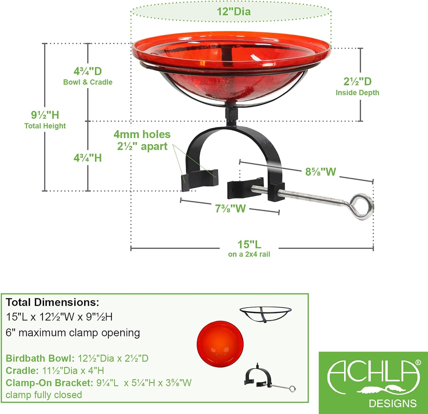 12" Red Crackle Birdbath- Over Rail Bracket