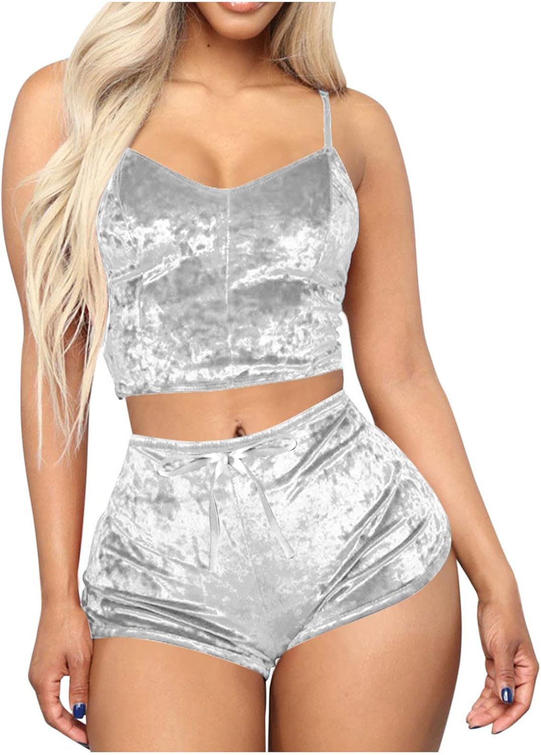Women Velvet Pajamas Sexy Lingerie 2 Piece Set Sleeveless Tank Camisole Bra and Panty Slim Fit Nightwear
