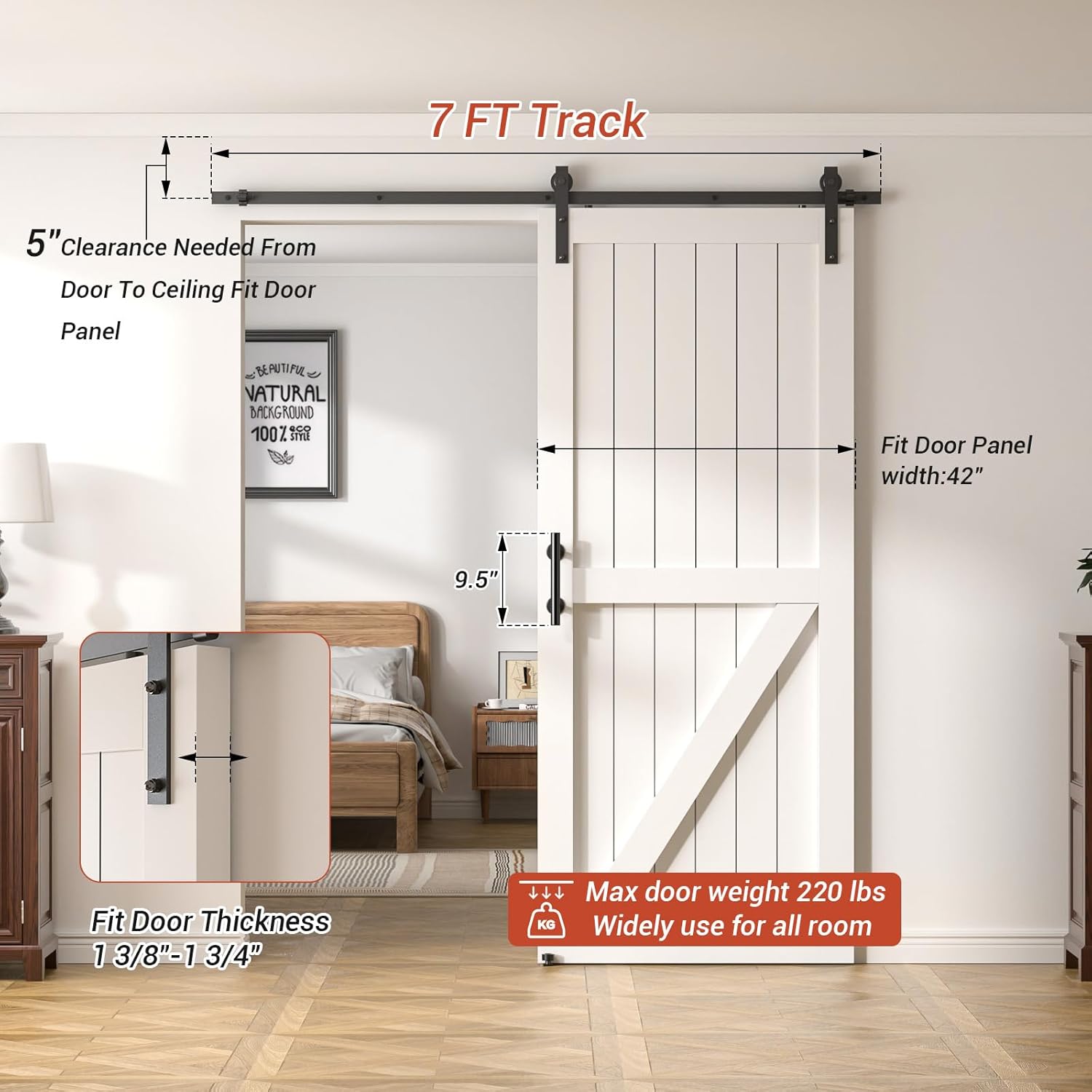 7FT Heavy Duty Sliding Barn Door Hardware Kit（1x Floor Guide&1x Pull Handle Set &7FT Track Kit for 42" Wide Single Door）,Smoothly Quietly,Easy Install (No Door)