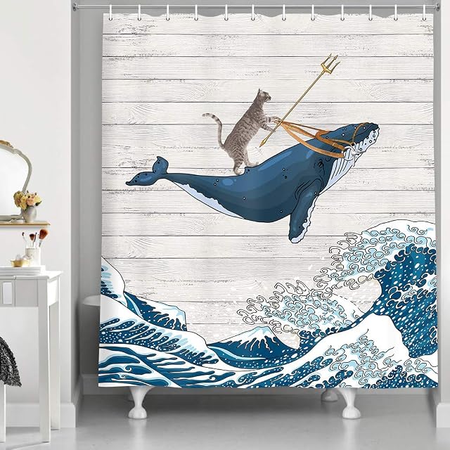 HNMQ Funny Cat Shower Curtain, Cat Riding Whale in Ocean Wave on Vintage Wooden Bathroom Curtains, Oriental Fabric Vintage Kanagawa Japanese Wave Art Shower Curtain for Bathroom (69" W by 70" L)