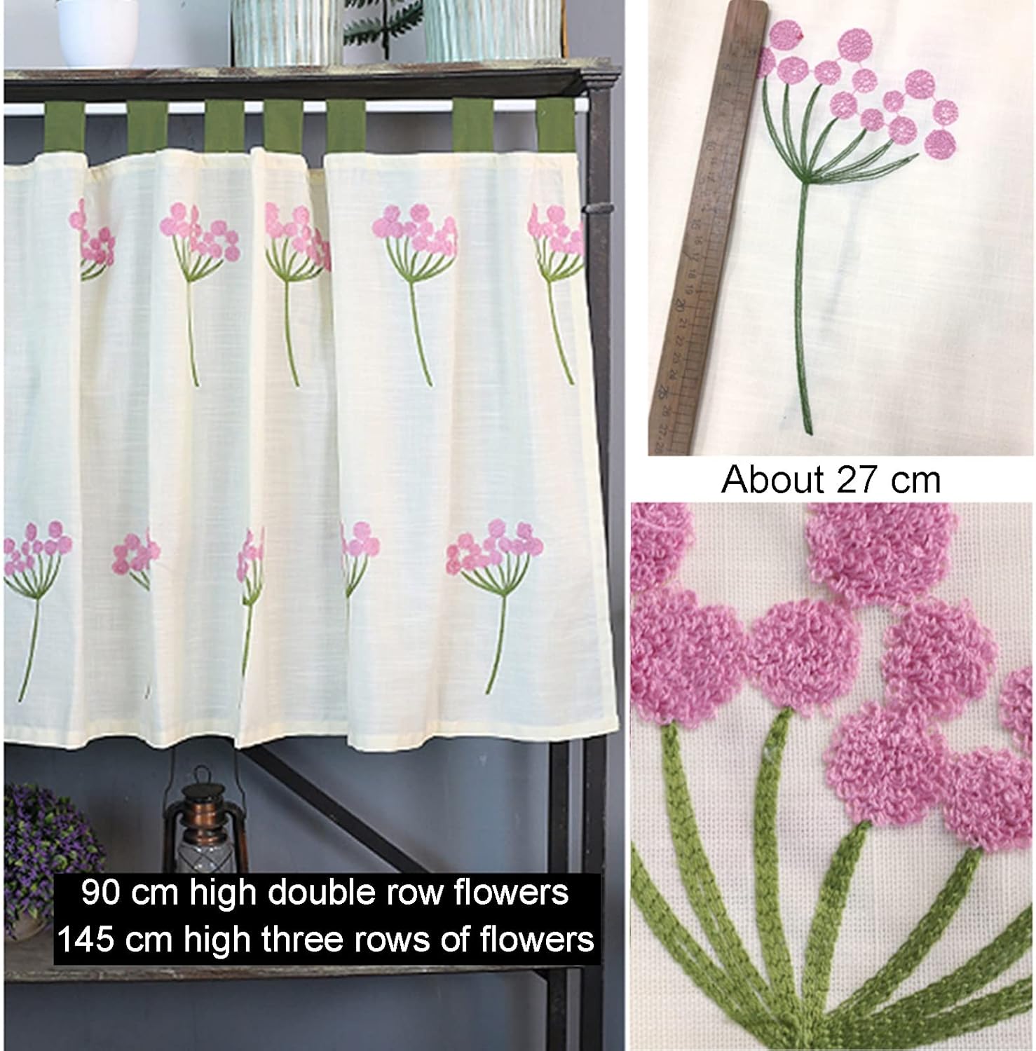 Cotton Linen Kitchen Curtain Valance, Short Tier Curtains Embroidered Rural style Decor Rod Pocket, for Farmhouse Window Treatment, Living Room, Bedroom, Cafe ( Size : W120xH80cm/47.2x31.5in )