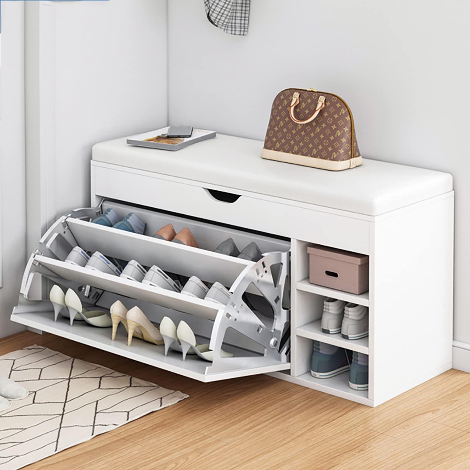 LL&SS Entryway Bench with Hidden Shoe Storage, Shoe Rack Bench for Kids and Aldults Leather Upholstered Shoe Cabinet, Modern Entry Shoe Organizer Furniture-White 80x50x31cm(31x20x12inch) (hm98f-002)