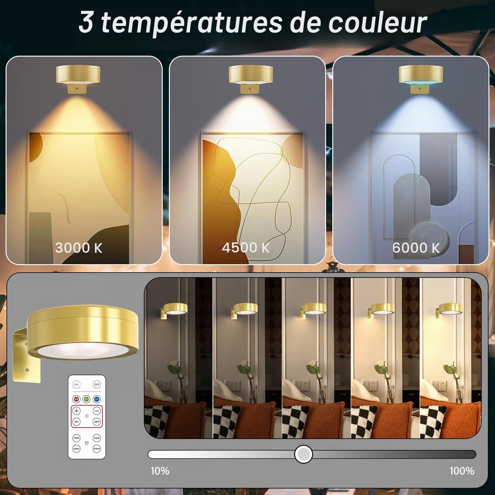 Lot de 4 lampes pour tableau sans fil avec 3 températures de couleur, lumière d'image avec télécommande, éclairage mural sans fil, minuterie à intensité variable, doré