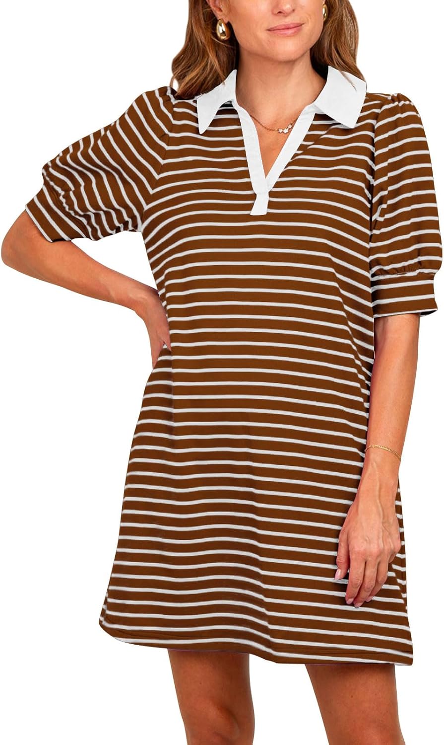 Yousify Women's Summer Lapel Collared V Neck Striped Dress Casual Puff Short Sleeve Polo Tshirt Dresses with Pockets - Image 2