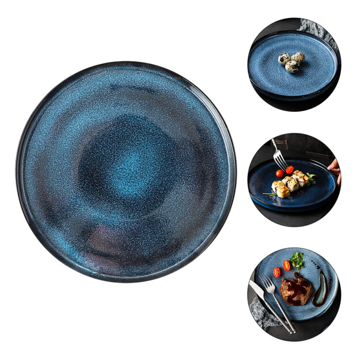 Zerodeko Plato Redondo de Cerámica Azul Borde para Carne y Aperitivos | Acabado Decorativo, Diseño Elegante, Superficie Lisa, Uso Multiusos para Mesa y Servicio Familiar