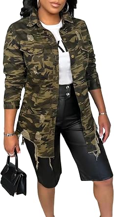 Vakkest Womens Camo Jacket Army Fatigue Ripped Distressed Trucker Coat