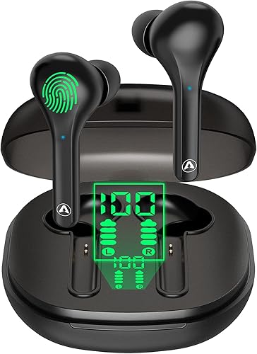 Auriculares inalámbricos Bluetooth con estuche de carga inalámbrica y pantalla digital LED, Bluetooth 5.1 HD, sonido de graves con control táctil,