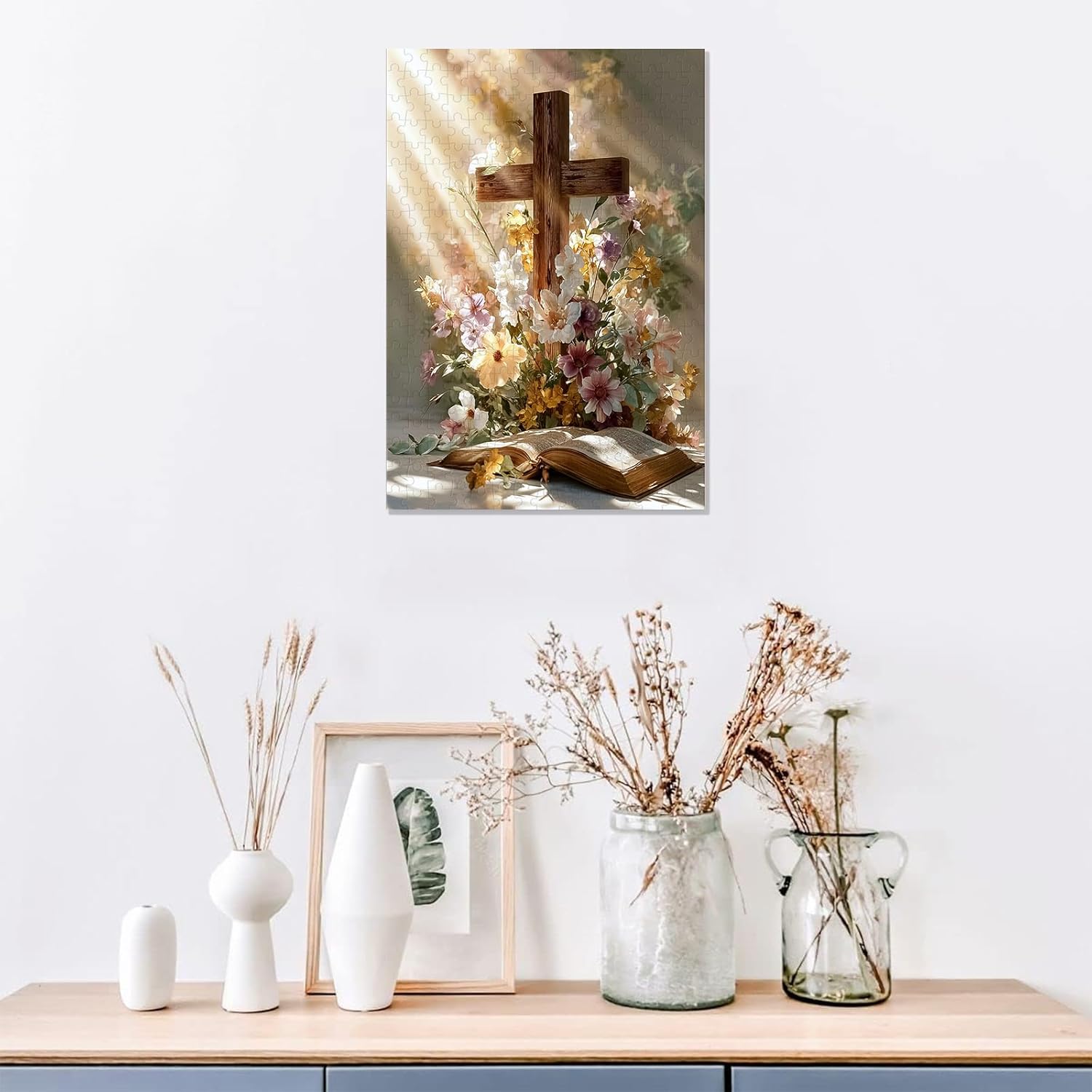 Great Jigsaw Puzzles for Adults 300 Pieces Religious Cross with Daisy Flowers Puzzles for Adults Toys Gift Family Decoration Kids Puzzle