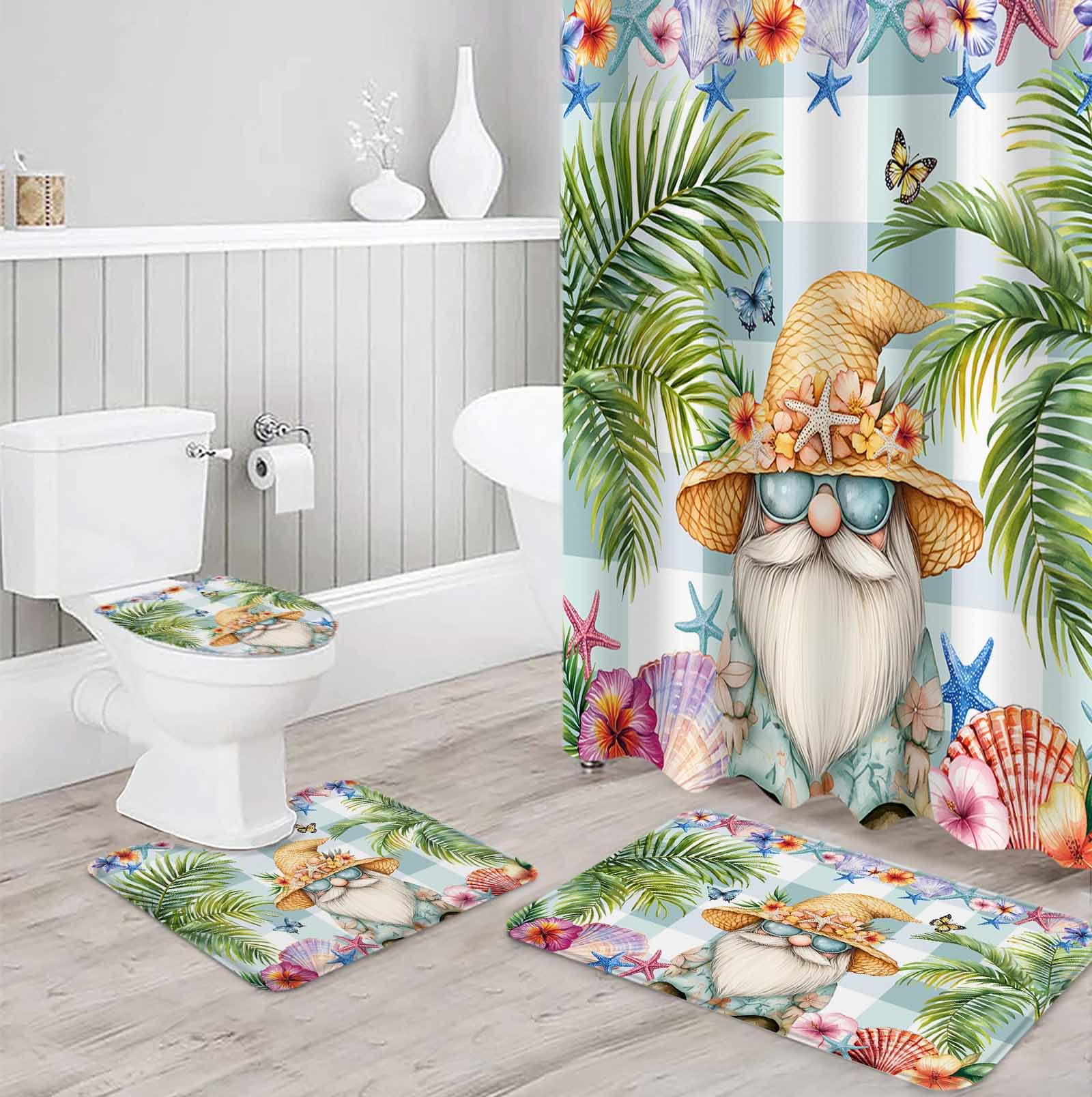 Palm Tree Bathroom Set with Shower Curtain and Rug Accessories - 36x72 Inches Long Butterfly Gnomes Coastal Starfish Shell Plaid Stall Curtain Waterproof with Large Bath Mat,Washable Runner Rug Set