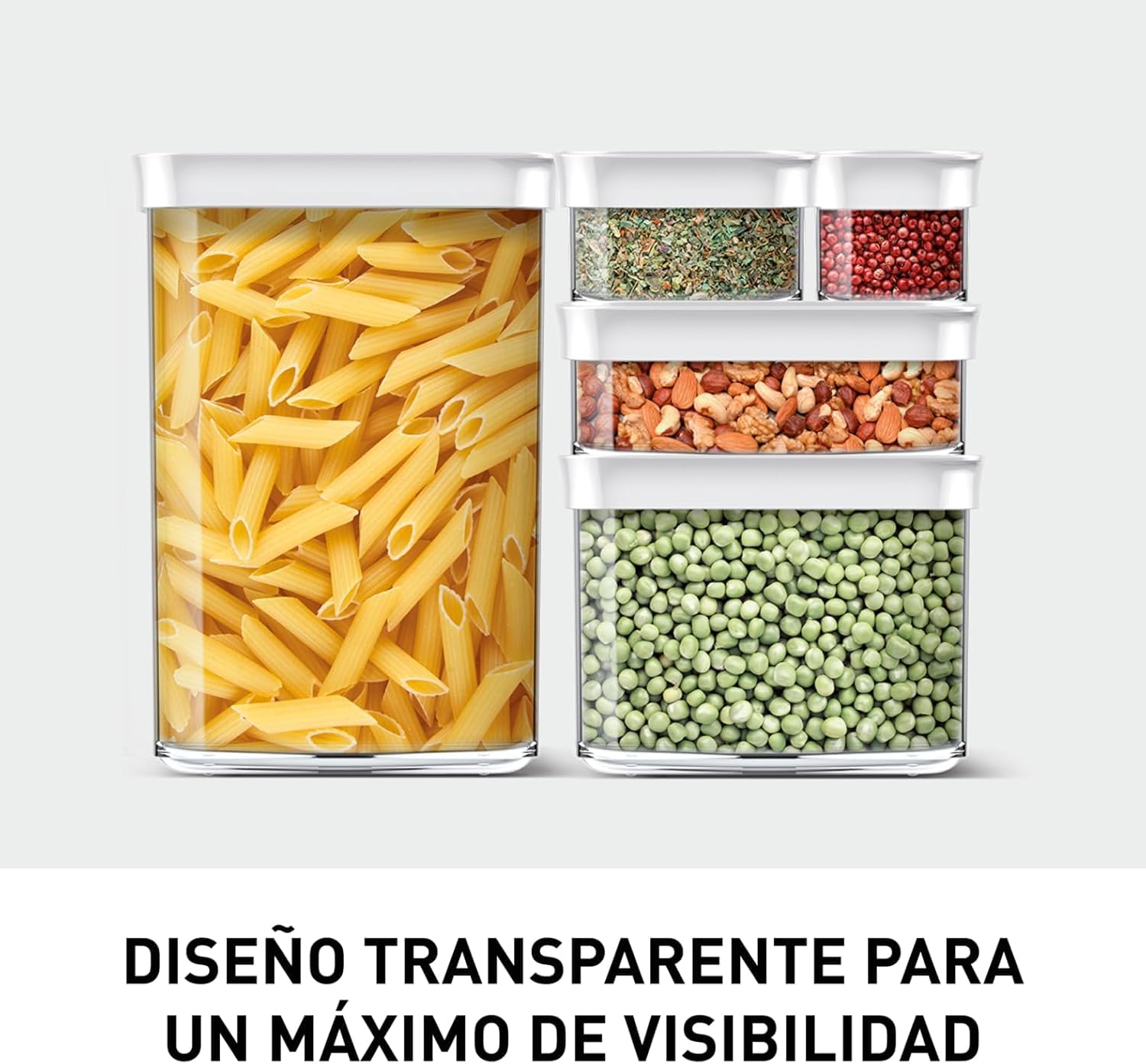 Emsa Optima Dry Food - Set 5 Recipientes Herméticos de Plástico Rectangular, higiénico, fácil apilamiento, tapa cierre a presión y bordes antideslizantes, certificado "Baby Care", apto lavavajillas
