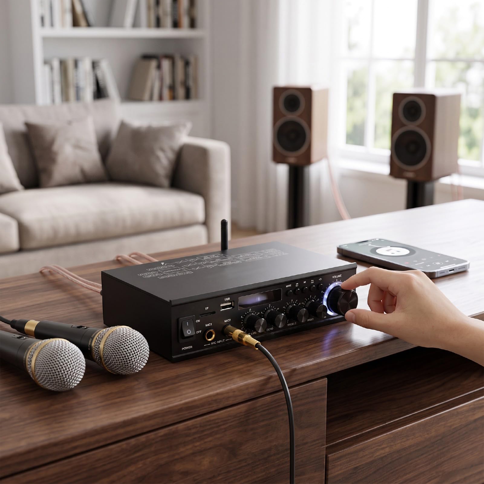 Luocute 2,1 Kanal Bluetooth Verstärker, Receiver mit Optischem und Koaxialem Eingang for Heimkino und HiFi (EU-Stecker) | Unterstützt TV, PC und DVD, 50W+50W+100W, Alu, USB/SD, 2 Mikrofonanschlüsse