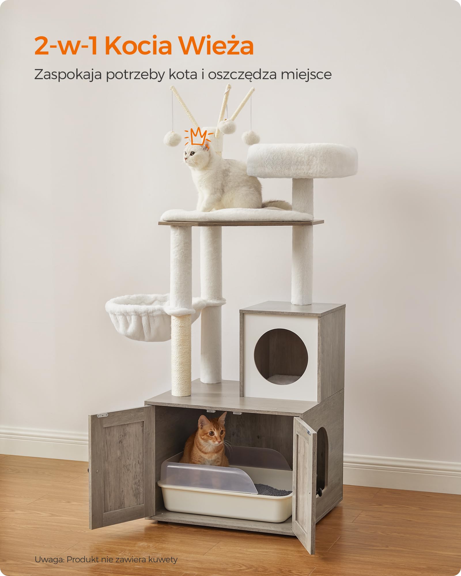 Feandrea PCT113G01 Drapak z szafką dla kota, 2 w 1, szafka na kuwetę dla kota, z pniami sizalowymi, zdejmowane kulki pluszowe, szarobeżowy, 151 cm wysokości