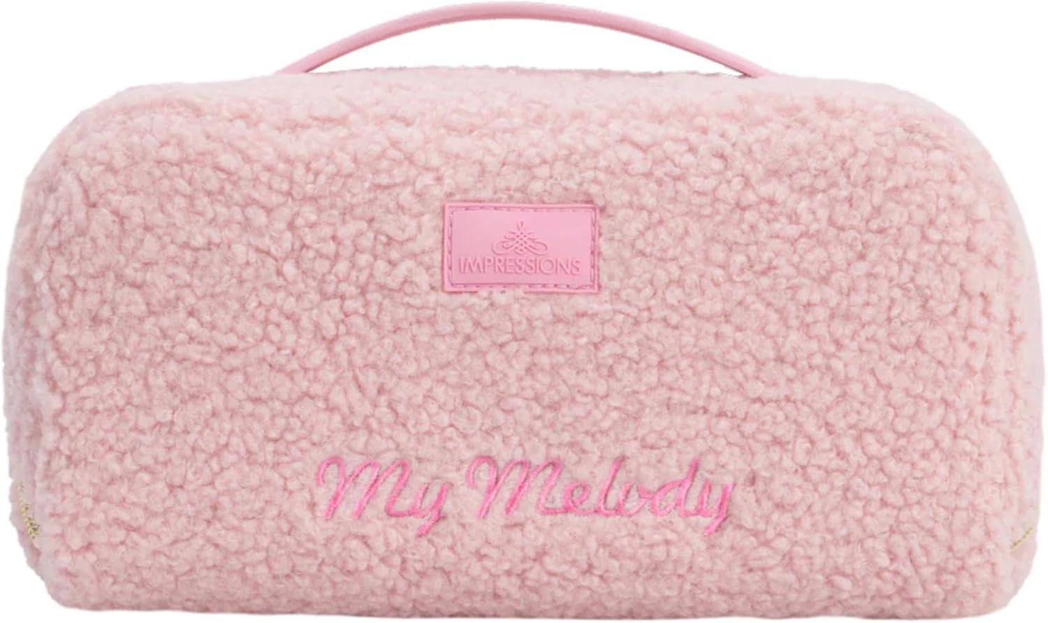 Impressions Vanity My Melody Unfold Travel Makeup Bag with Faux Sherpa Texture, Top Carry Handle, Three Inner Compartments, Melody Signature Golden Zippered Cosmetic Bag Organizer for Girls - Image 5