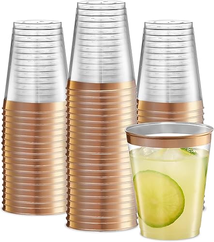 PLASTICPRO Vasos desechables de plástico transparente de 8 onzas con borde de oro rosa para fiestas y bodas, paquete de 50 PLASTICPRO Vasos desechables de plástico transparente de 8 onzas con borde de oro rosa para fiestas y bodas, paquete de 50