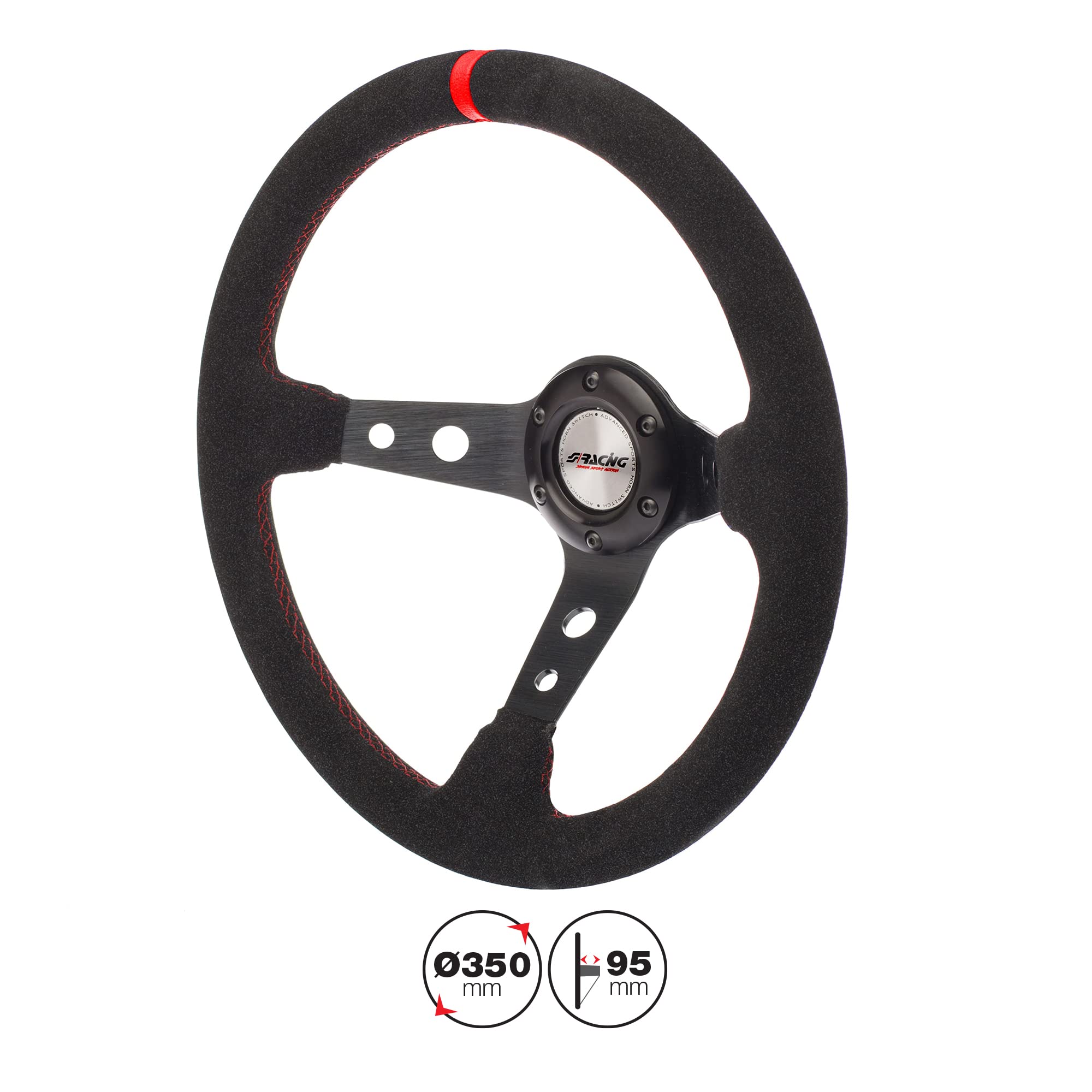 Simoni Racing Volant Universel Pitlane - Suède Noir + Couture Rouge - Diamètre 350mm