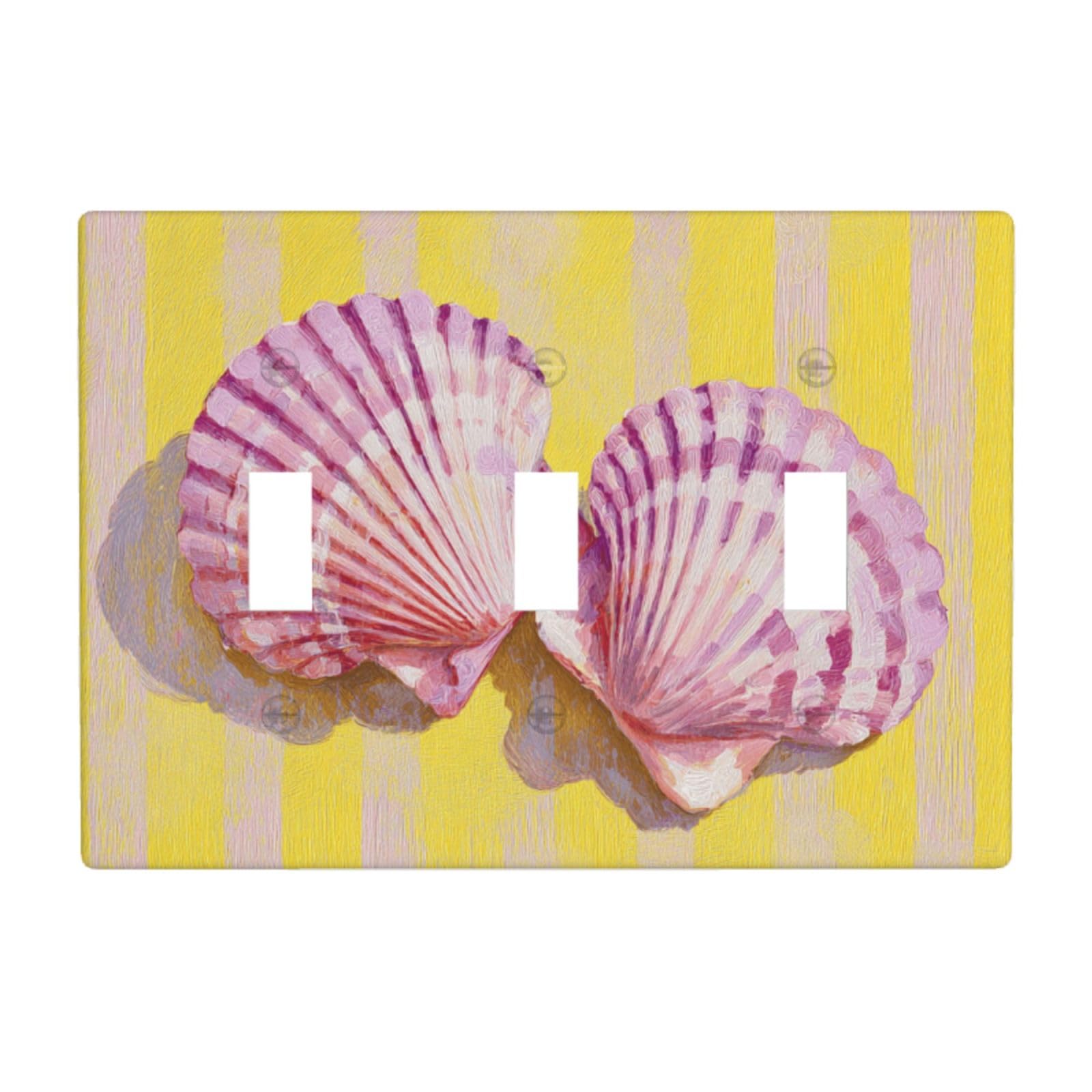 Pink Seashells On A Light Yellow Stripes Light Switch Covers 3 Gang Triple Toggle Wall Plate Switchplate Electrical Faceplate for Bathroom Kitchen Bedroom Decor