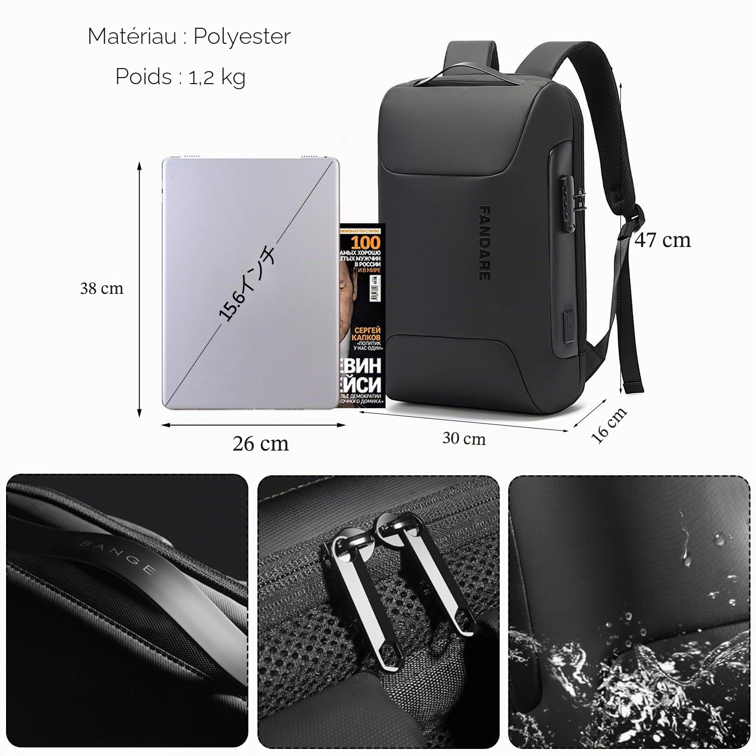 FANDARE Antivol Sac à Dos Ordinateur Portable 15.6 Pouces Homme d'affaires Femme Sac de Travail Scolaire Cartable avec Port de Chargement USB Fonctionnel Sac a Dos PC pour Loisirs Voyage Noir A