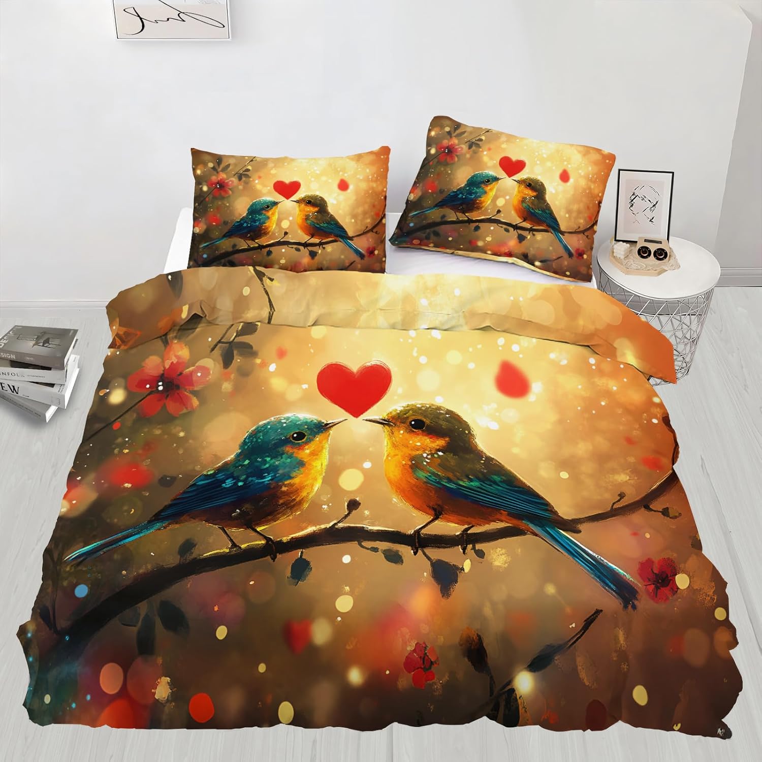 Twin Size Duvet Cover Birds Print Duvet Cover Romantic Birds Comforter Cover Hearts Bedding Kids Room Bedding Decor (Reversible Printing)