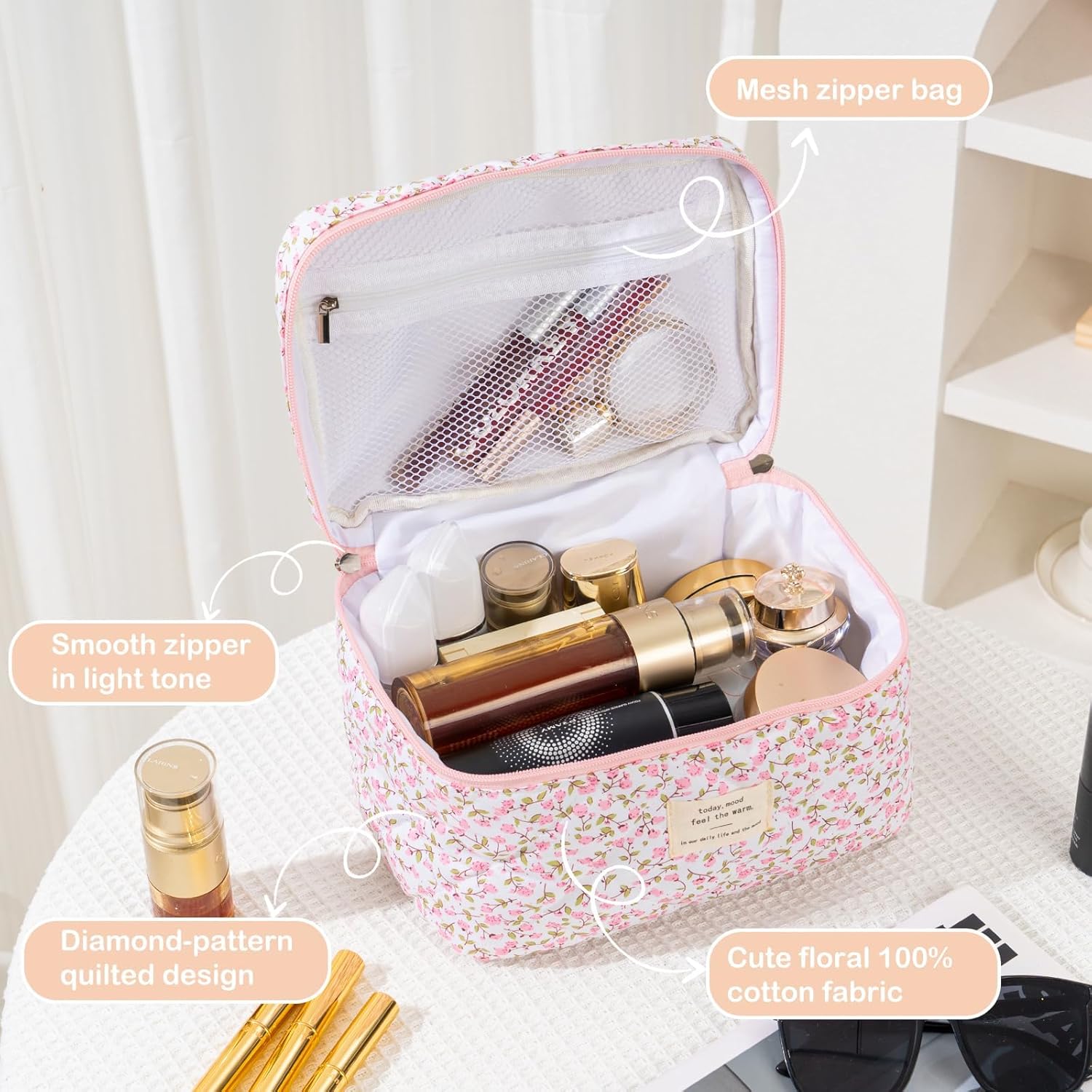 Makeup Bag for Women 3PCS Quilted Cotton Make Up Bag Travel Cosmetic Bag Large Makeup Bag Set Cute Makeups Organizer Floral Toiletry Pouch for Purse, Pink Floral D - Image 4