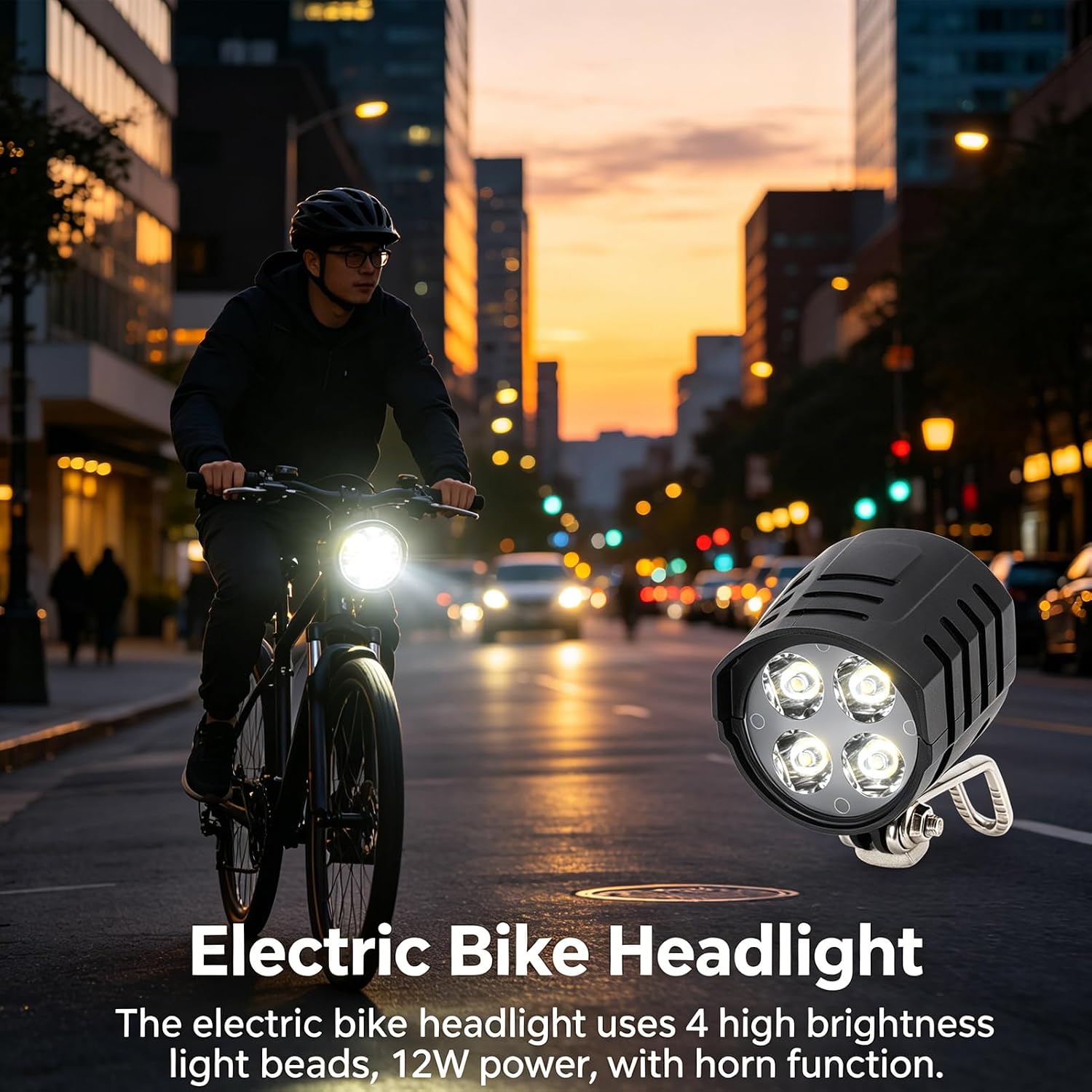 Electric Bike Headlight, 12W High Brightness LED Front Light 36V 48V 52V 60V Electric Scooter Headlamp with Integrated Horn 1.5M/4.9ft Cable Water Proof Safety Lighting Accessory for Night Riding